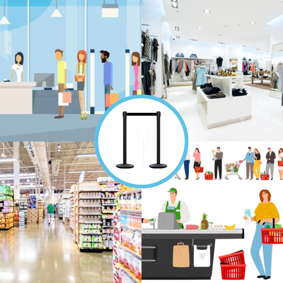 Retractable Belt Barrier Stanchion, Satin Brass Post and Heavy Duty Cast Iron Base, 14 ft Belt – Montour Line MI650 - Crowd Control Warehouse