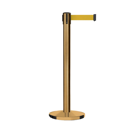 Retractable Belt Barrier Stanchion, Satin Brass Post and Heavy Duty Cast Iron Base, 14 ft Belt – Montour Line MI650 - Crowd Control Warehouse