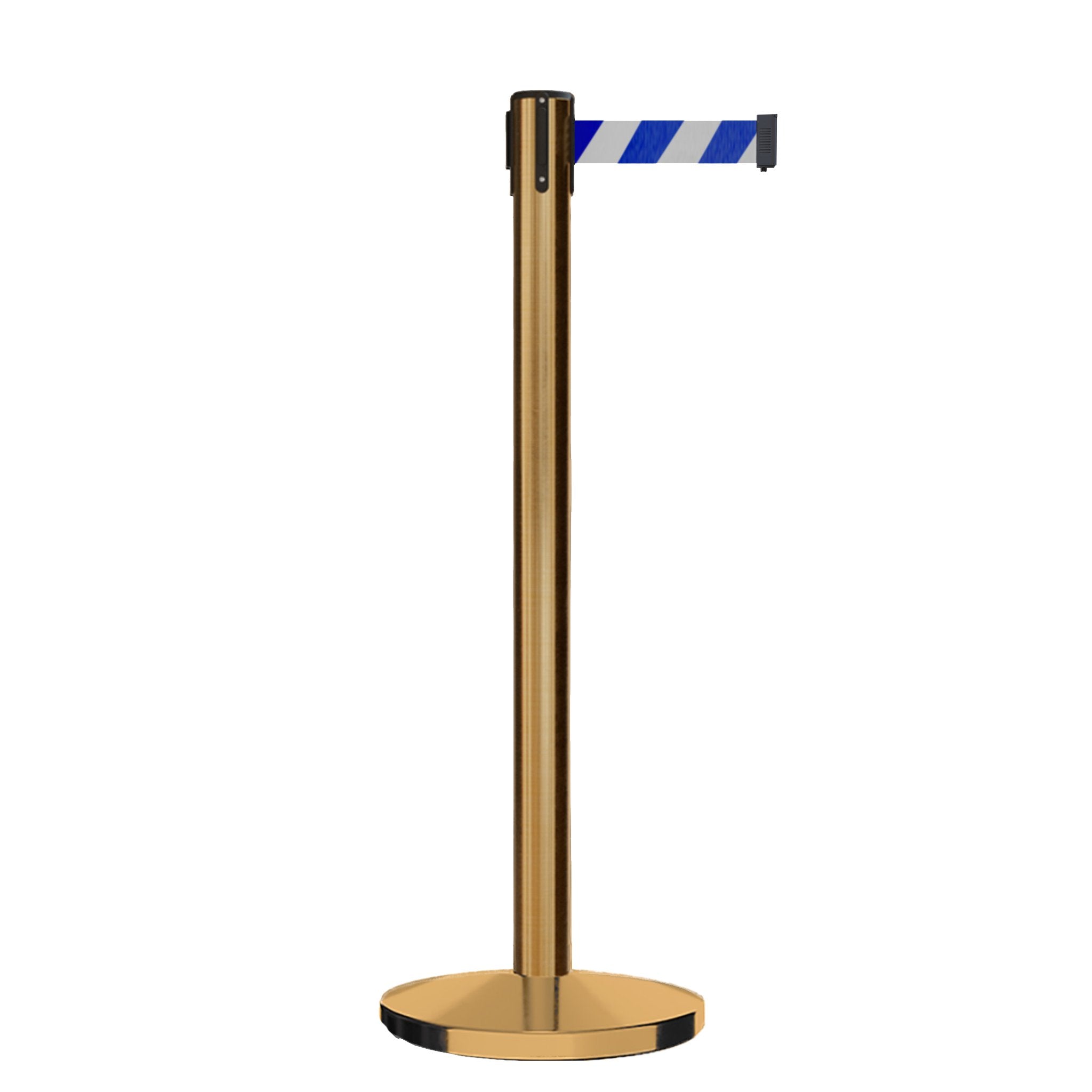 Retractable Belt Barrier Stanchion, Satin Brass Post, Cast Iron Base, 11 Ft. Belt - Montour Line MI630 - Crowd Control Warehouse