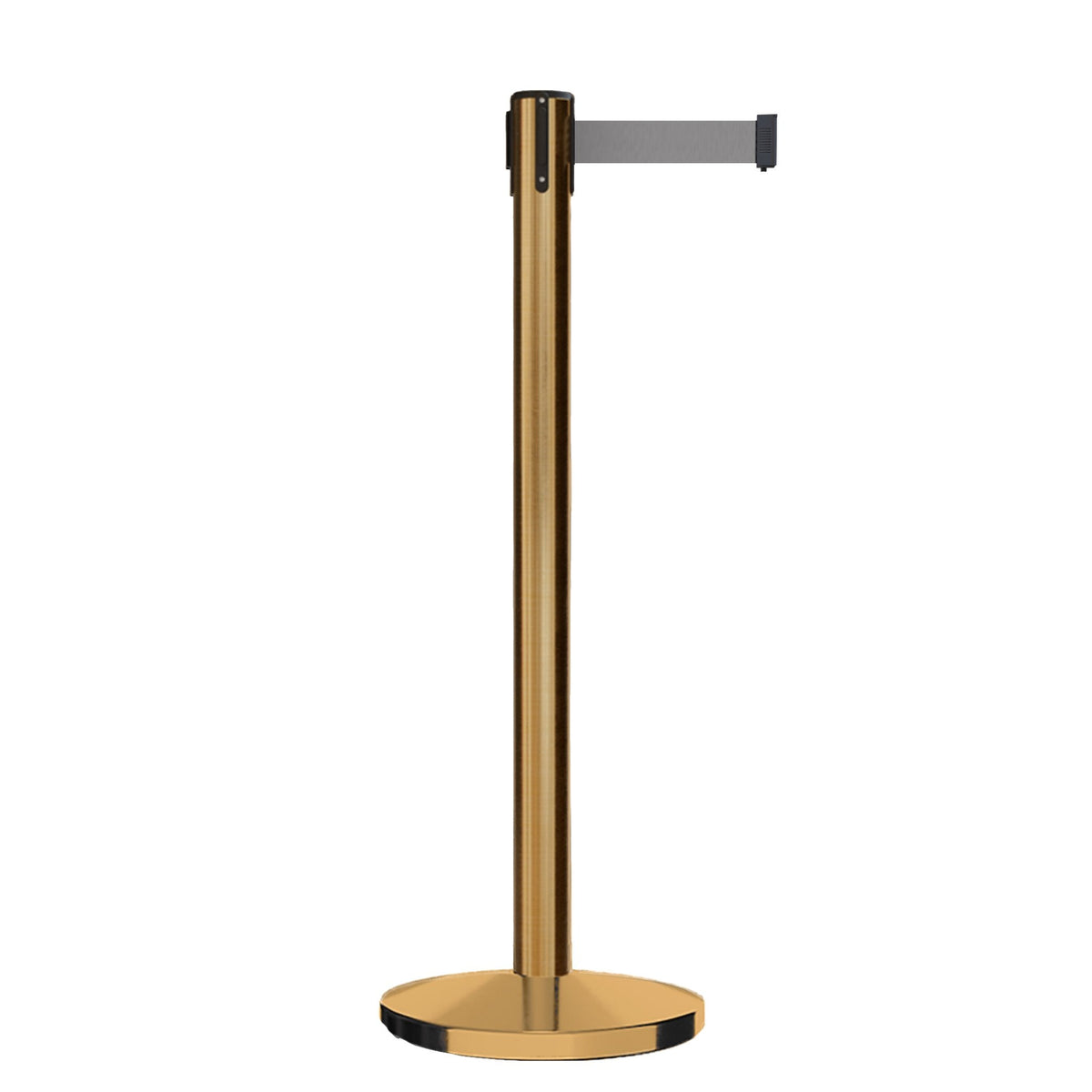 Retractable Belt Barrier Stanchion, Satin Brass Post, Cast Iron Base, 11 Ft. Belt - Montour Line MI630 - Crowd Control Warehouse