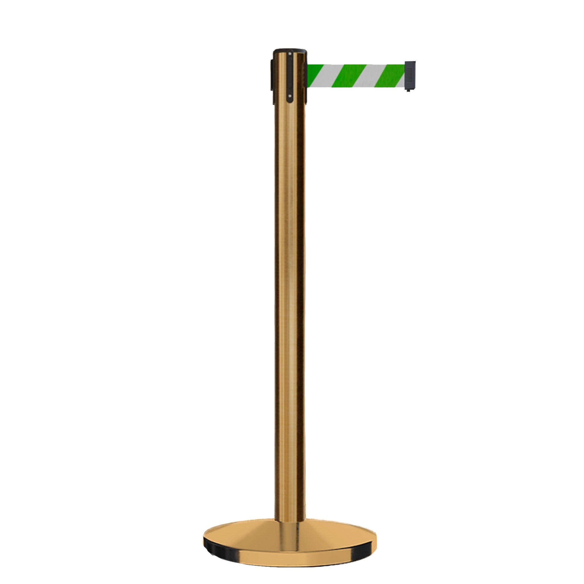 Retractable Belt Barrier Stanchion, Satin Brass Post, Cast Iron Base, 11 Ft. Belt - Montour Line MI630 - Crowd Control Warehouse
