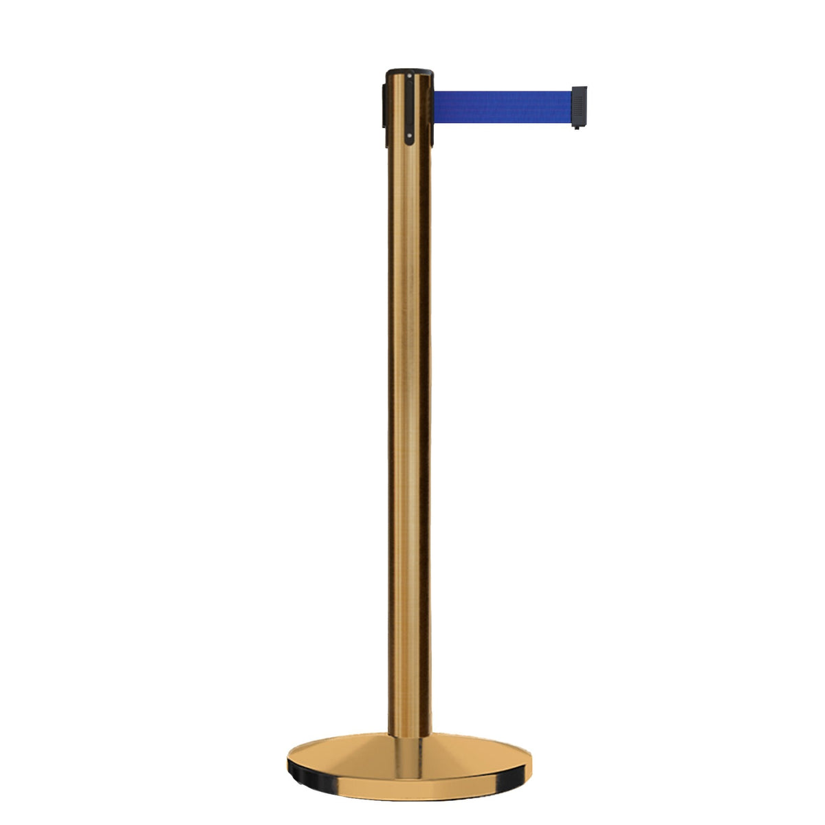 Retractable Belt Barrier Stanchion, Satin Brass Post, Cast Iron Base, 11 Ft. Belt - Montour Line MI630 - Crowd Control Warehouse