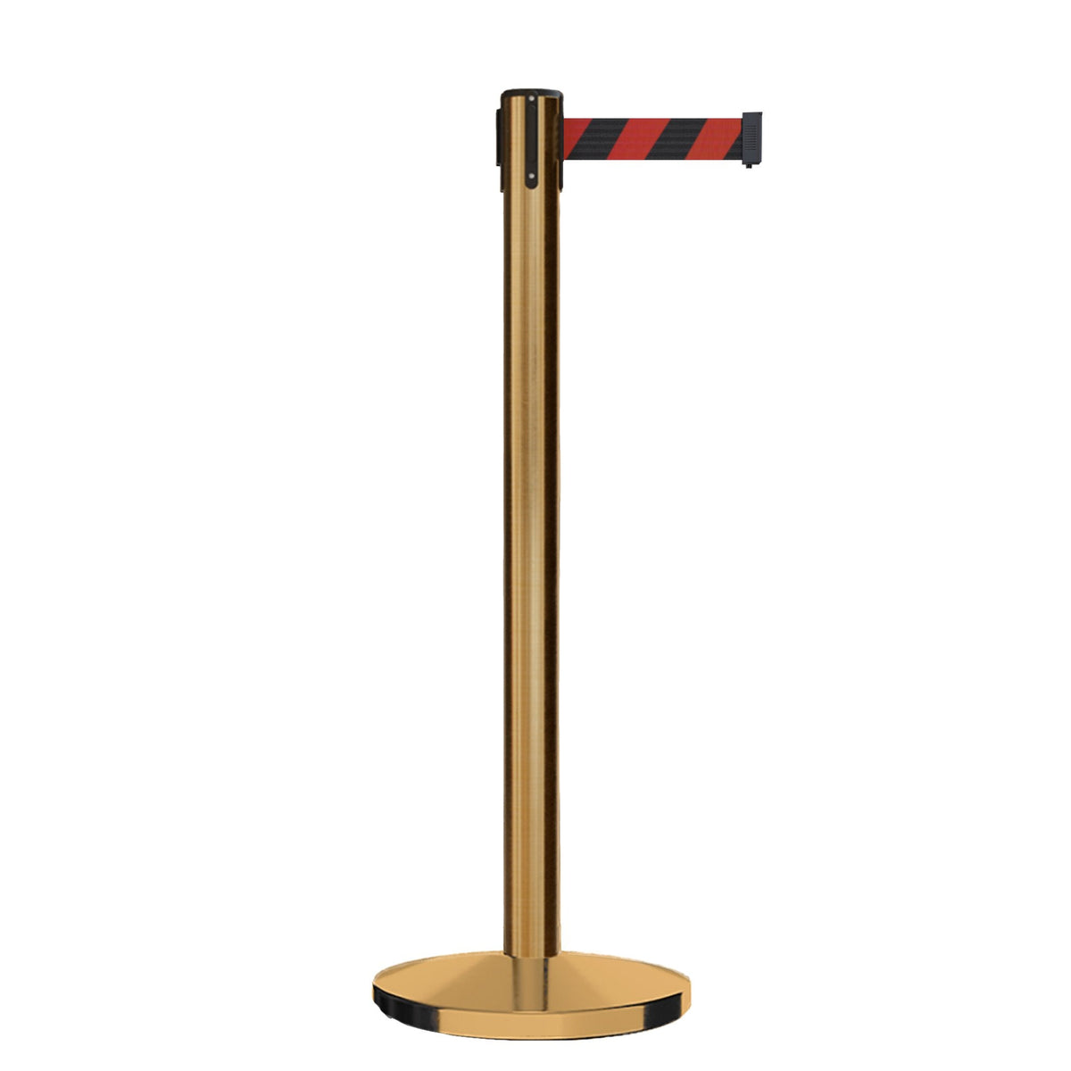 Retractable Belt Barrier Stanchion, Satin Brass Post, Cast Iron Base, 11 Ft. Belt - Montour Line MI630 - Crowd Control Warehouse