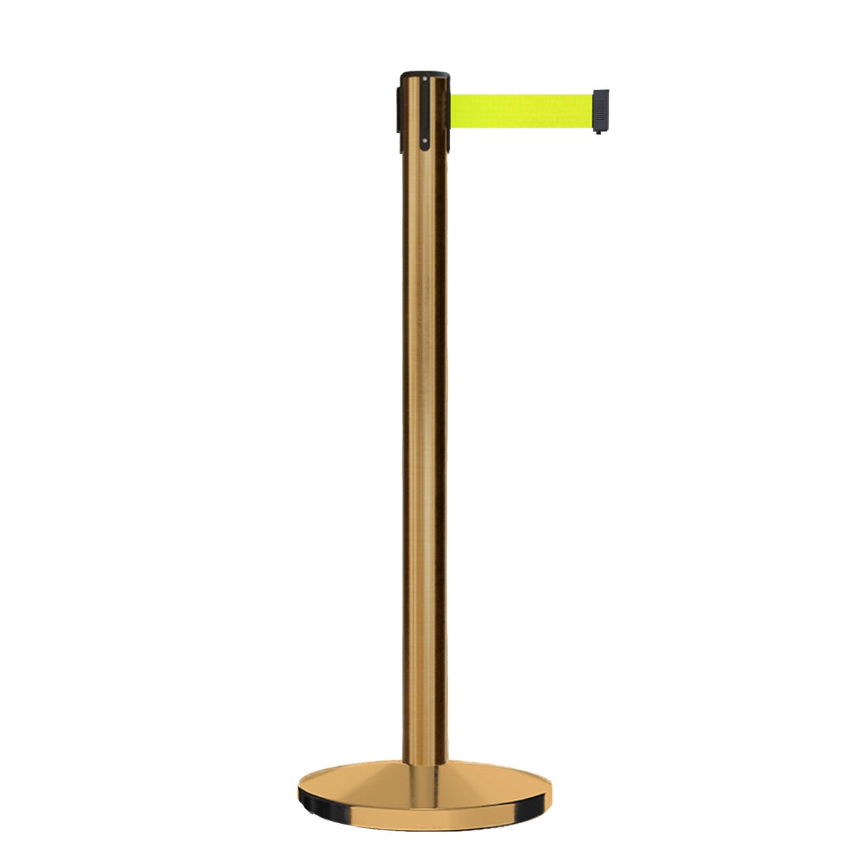 Retractable Belt Barrier Stanchion, Satin Brass Post, Cast Iron Base, 13 Ft. Belt - Montour Line MI630 - Crowd Control Warehouse