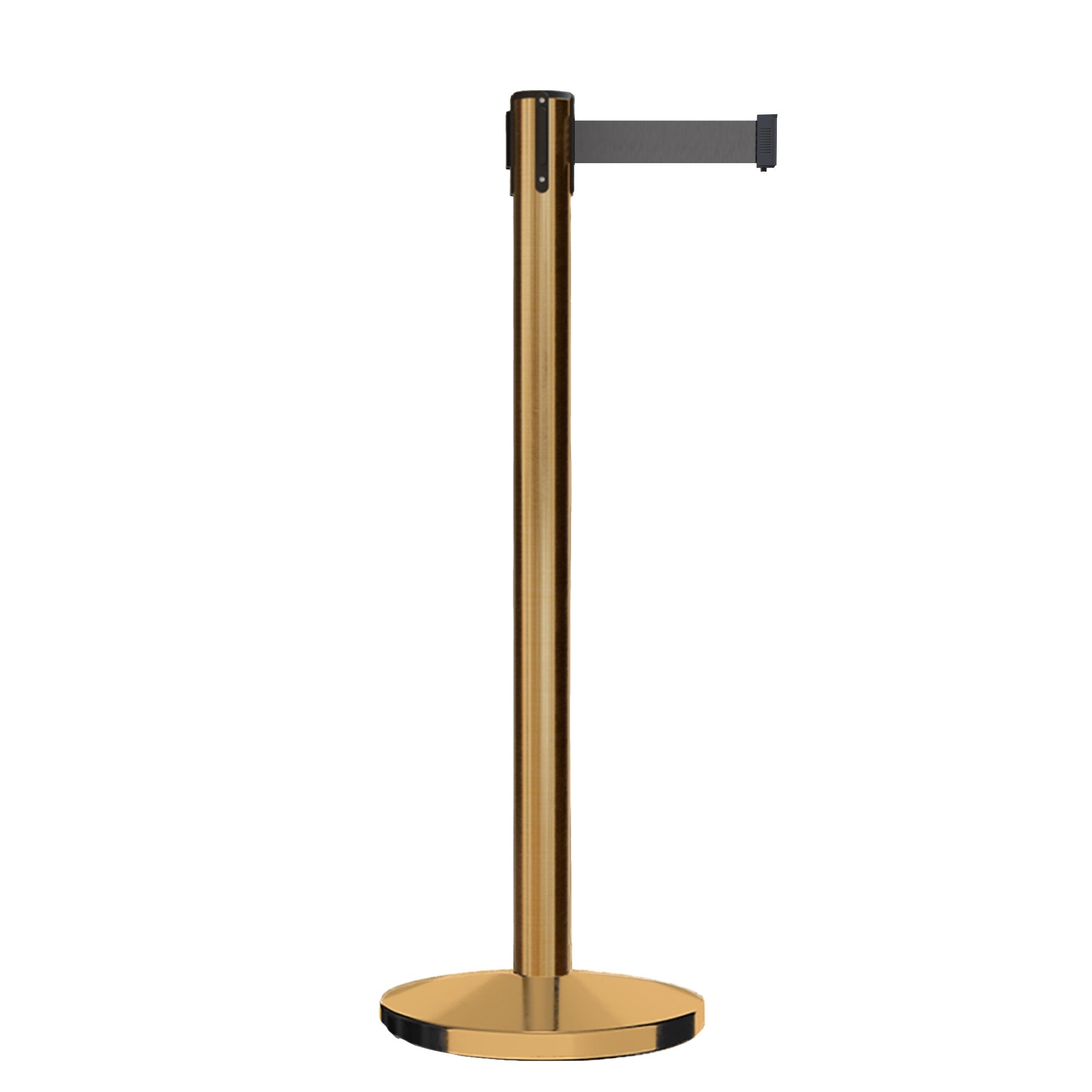 Retractable Belt Barrier Stanchion, Satin Brass Post, Cast Iron Base, 13 Ft. Belt - Montour Line MI630 - Crowd Control Warehouse