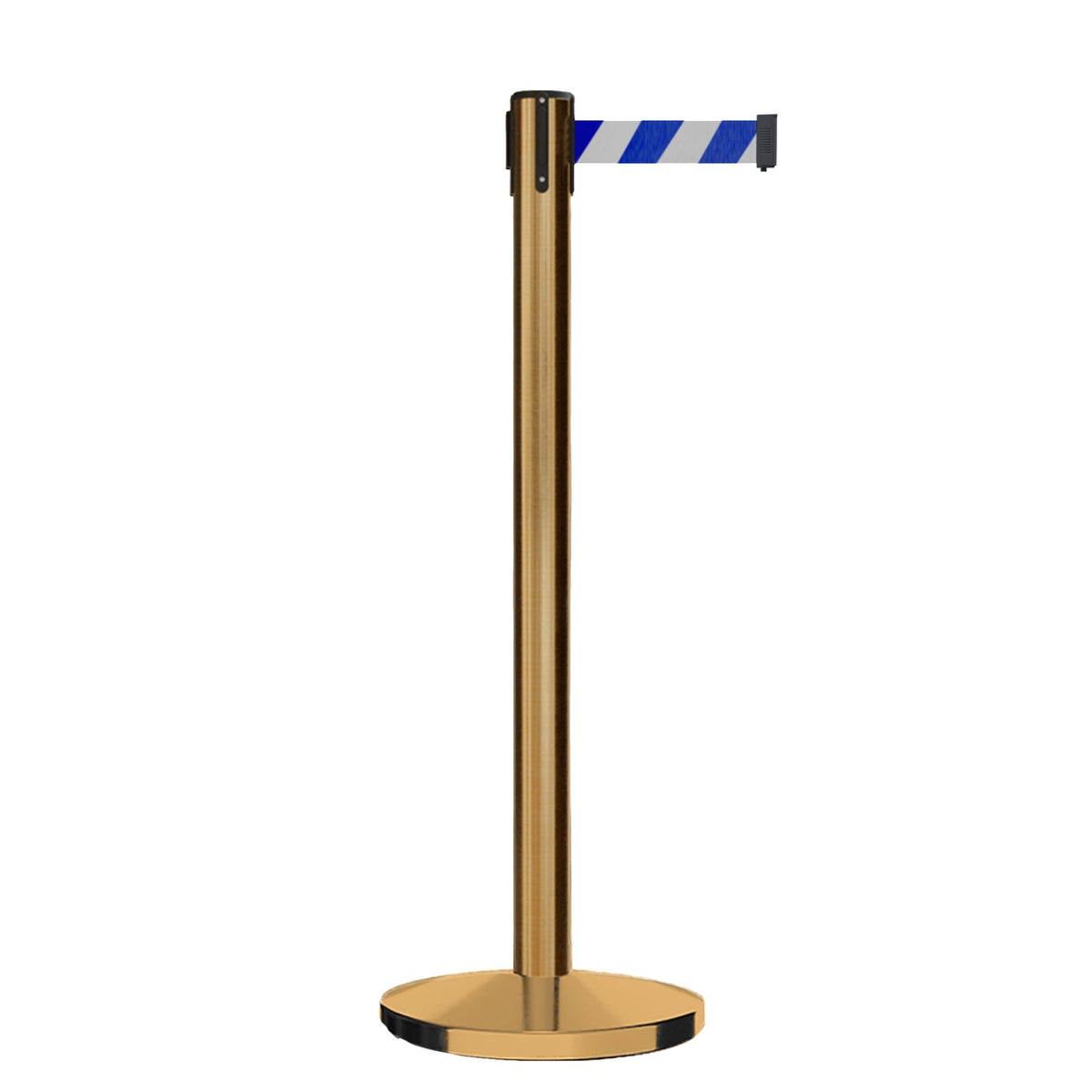 Retractable Belt Barrier Stanchion, Satin Brass Post, Cast Iron Base, 7.5 Ft. Belt - Montour Line MI630 - Crowd Control Warehouse