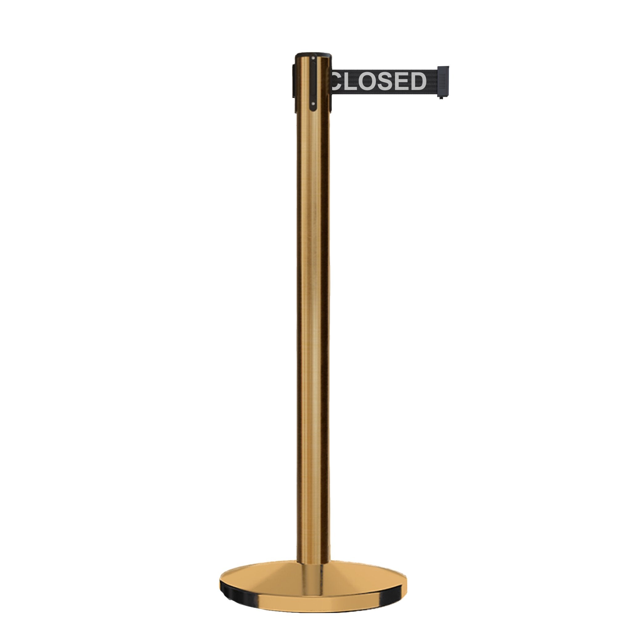 Retractable Belt Barrier Stanchion, Satin Brass Post, Cast Iron Base, 7.5 Ft. Belt - Montour Line MI630 - Crowd Control Warehouse