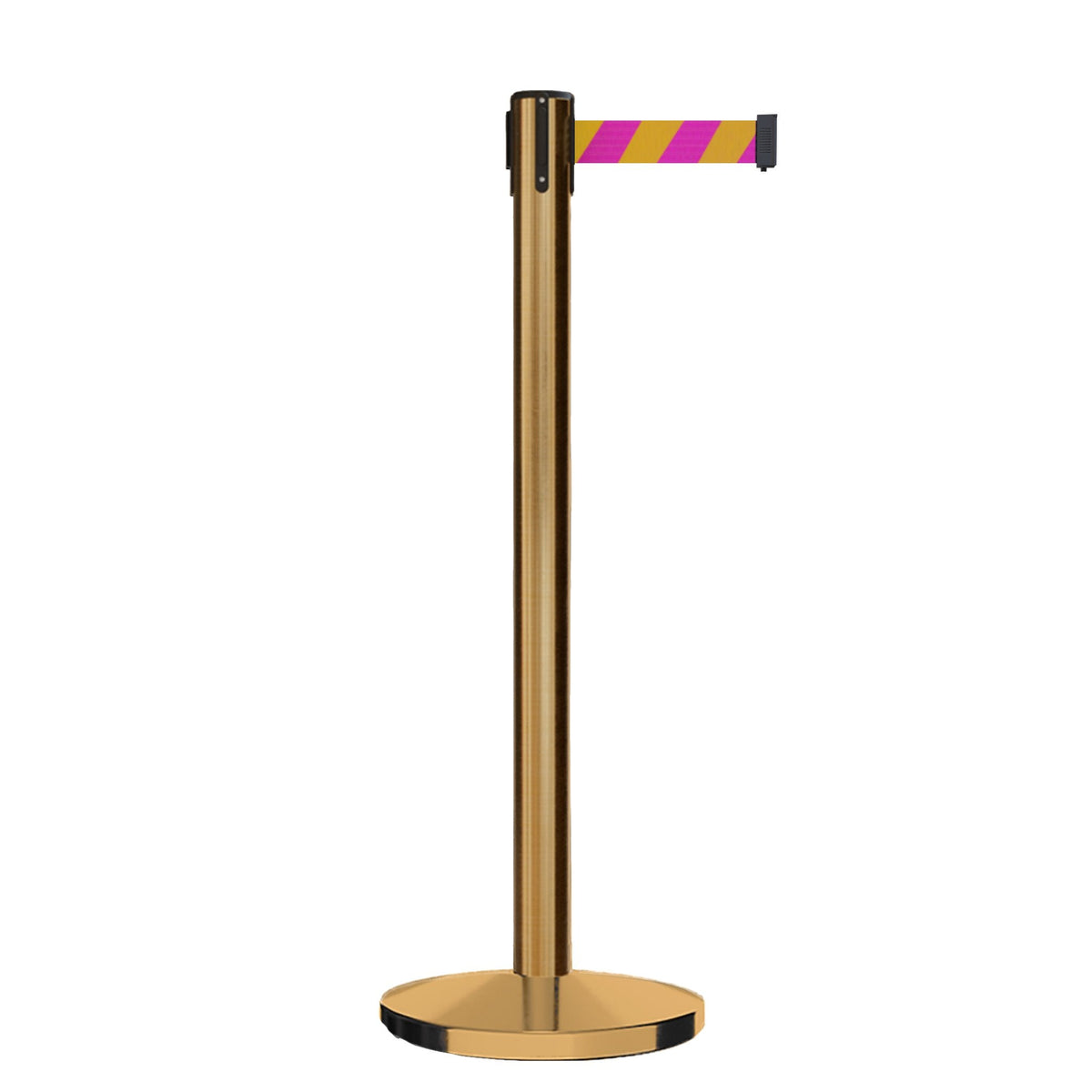 Retractable Belt Barrier Stanchion, Satin Brass Post, Cast Iron Base, 7.5 Ft. Belt - Montour Line MI630 - Crowd Control Warehouse