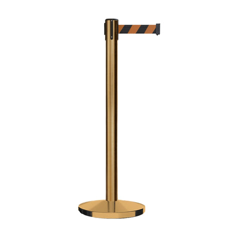 Retractable Belt Barrier Stanchion, Satin Brass Post, Cast Iron Base, 7.5 Ft. Belt - Montour Line MI630 - Crowd Control Warehouse