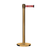 Retractable Belt Barrier Stanchion, Satin Brass Post, Cast Iron Base, 7.5 Ft. Belt - Montour Line MI630 - Crowd Control Warehouse