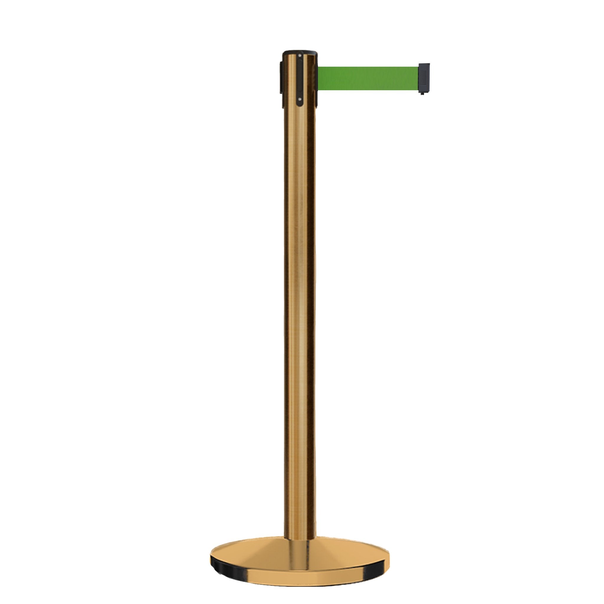 Retractable Belt Barrier Stanchion, Satin Brass Post, Cast Iron Base, 7.5 Ft. Belt - Montour Line MI630 - Crowd Control Warehouse