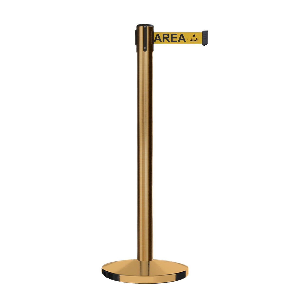 Retractable Belt Barrier Stanchion, Satin Brass Post, Cast Iron Base, 7.5 Ft. Belt - Montour Line MI630 - Crowd Control Warehouse