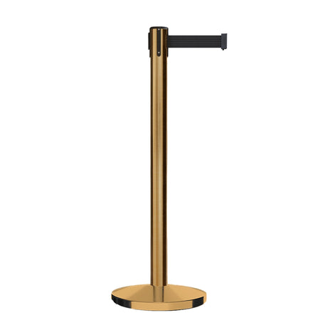 Retractable Belt Barrier Stanchion, Satin Brass Post, Cast Iron Base, 9 Ft. Belt - Montour Line MI630 - Crowd Control Warehouse