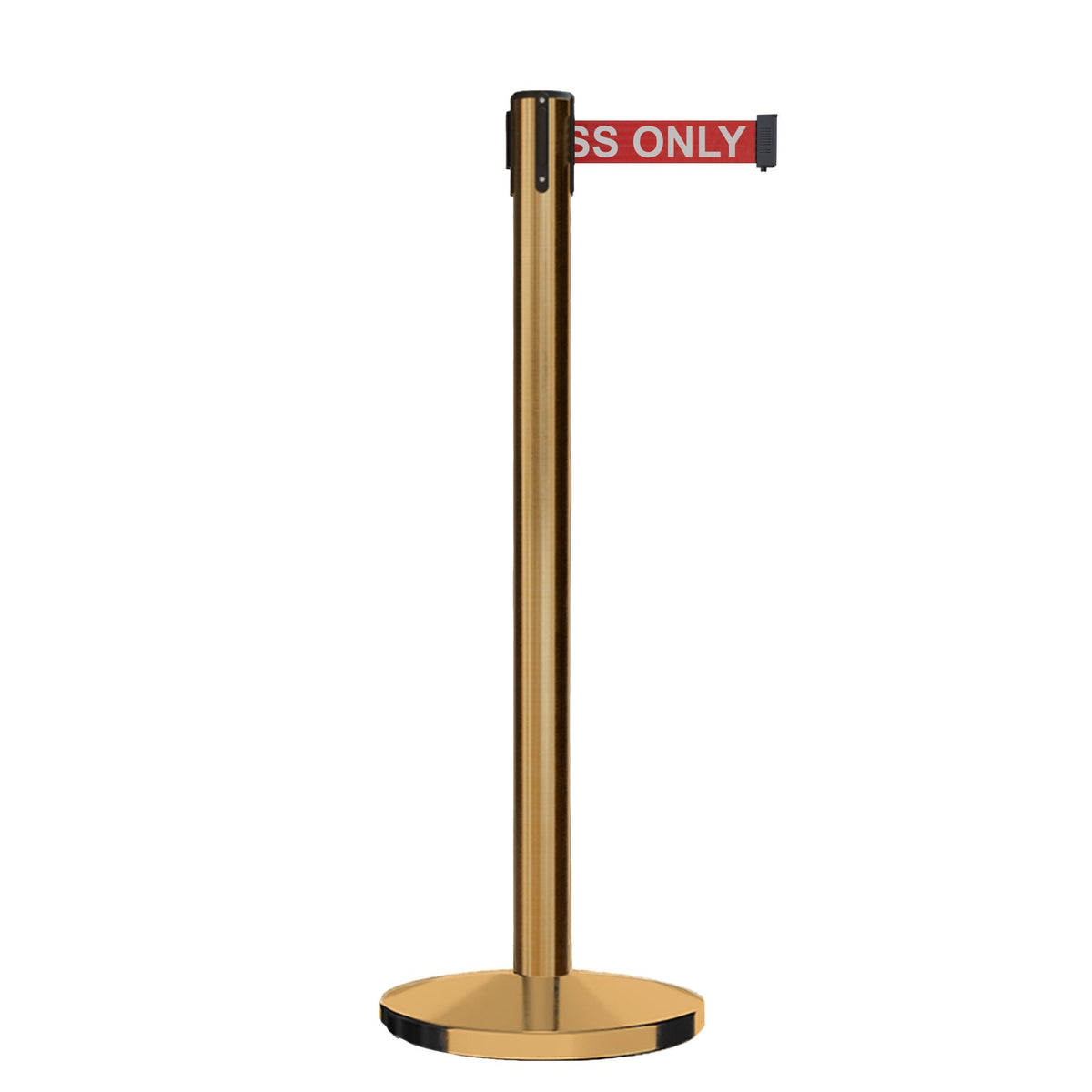 Retractable Belt Barrier Stanchion, Satin Brass Post, Cast Iron Base, 9 Ft. Belt - Montour Line MI630 - Crowd Control Warehouse