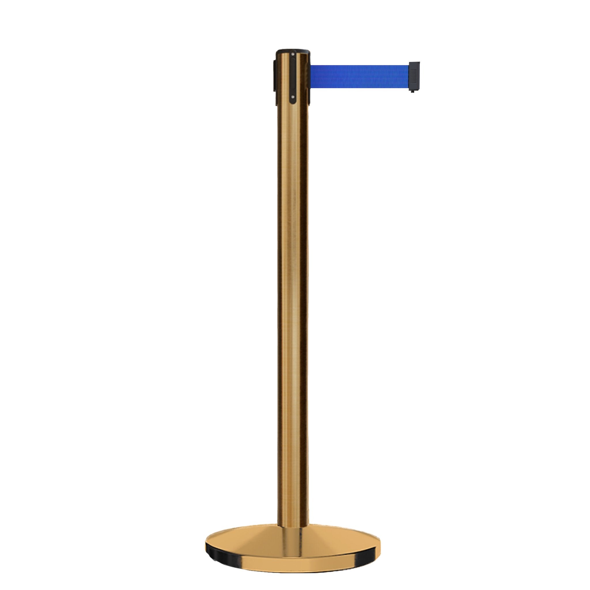Retractable Belt Barrier Stanchion, Satin Brass Post, Cast Iron Base, 9 Ft. Belt - Montour Line MI630 - Crowd Control Warehouse