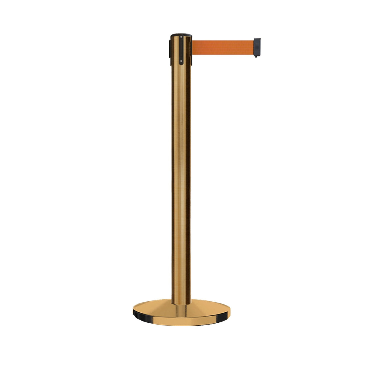 Retractable Belt Barrier Stanchion, Satin Brass with Heavy Duty Cast Iron Base, 16 ft Belt – Montour Line MI650 - Crowd Control Warehouse