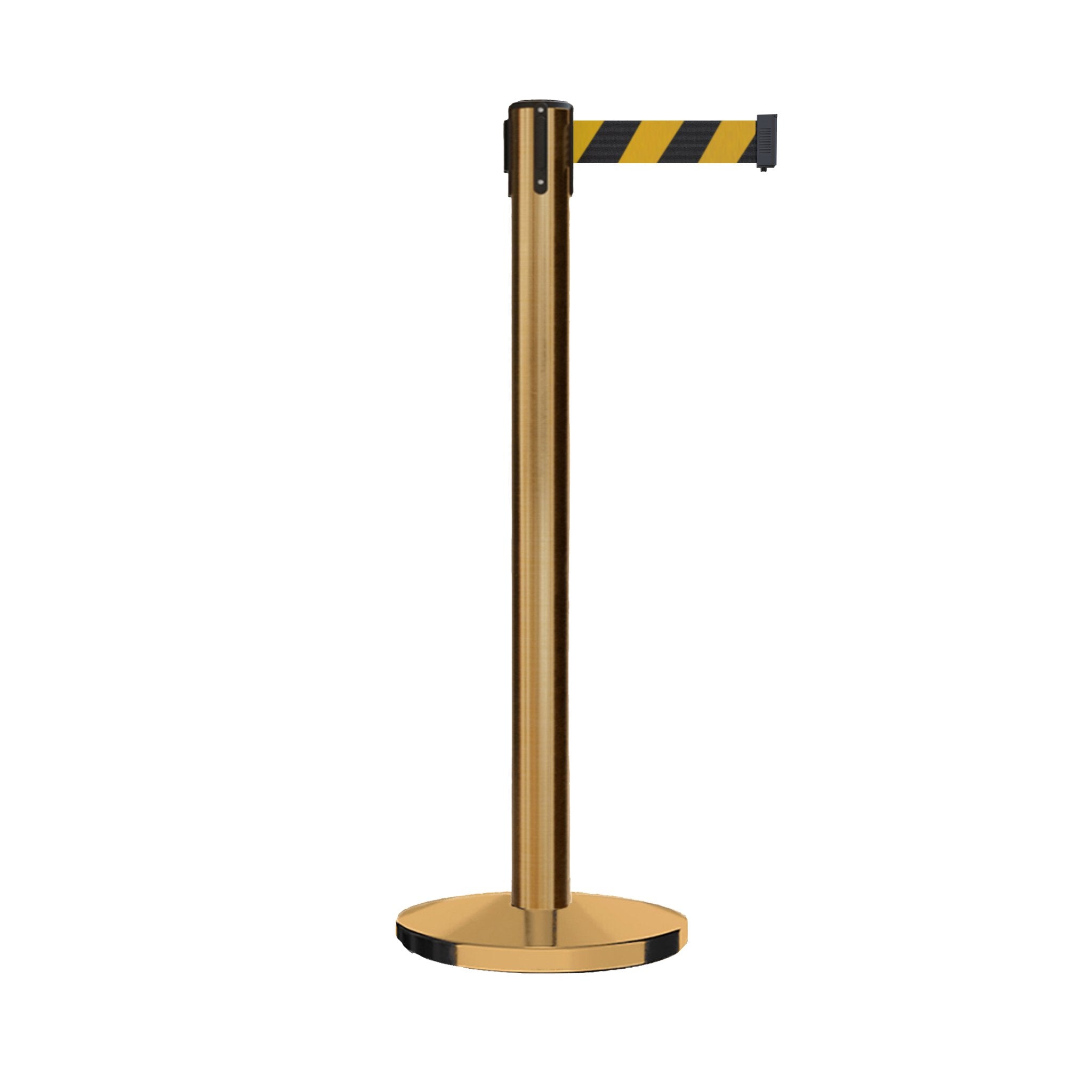 Retractable Belt Barrier Stanchion, Satin Brass with Heavy Duty Cast Iron Base, 16 ft Belt – Montour Line MI650 - Crowd Control Warehouse
