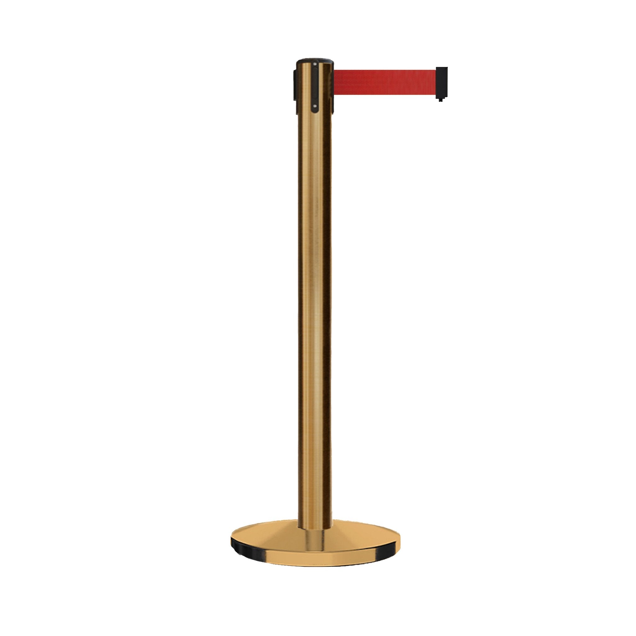 Retractable Belt Barrier Stanchion, Satin Brass with Heavy Duty Cast Iron Base, 16 ft Belt – Montour Line MI650 - Crowd Control Warehouse