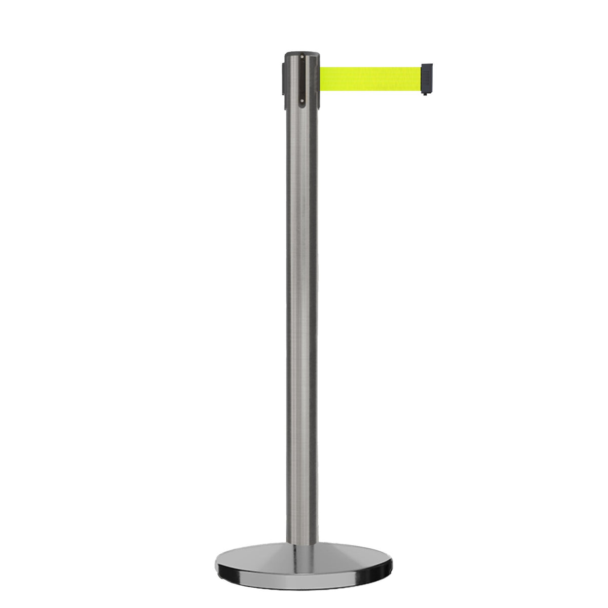 Retractable Belt Barrier Stanchion, Satin Stainless Steel, Cast Iron Base, 11 Ft. Belt - Montour Line MI630 - Crowd Control Warehouse