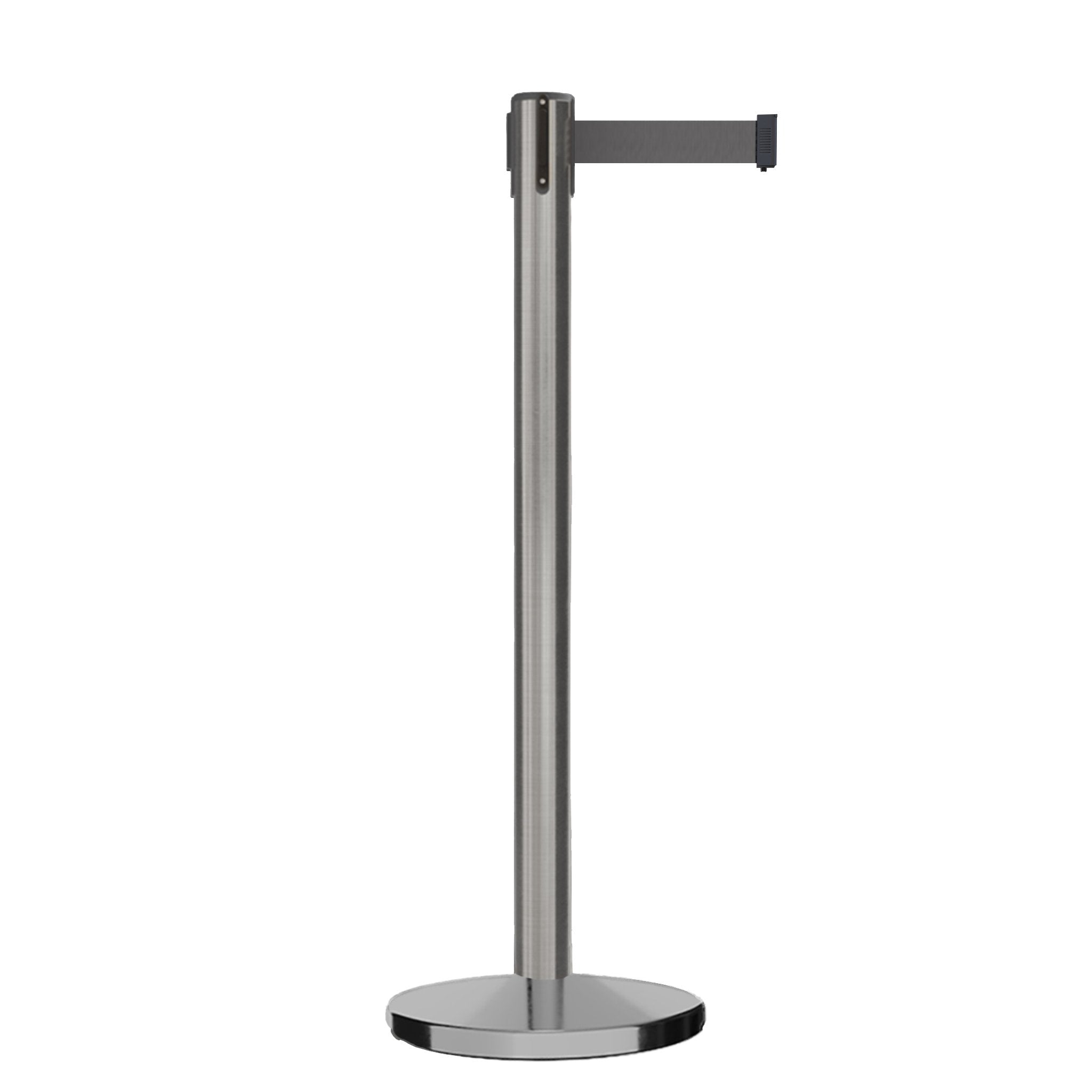 Retractable Belt Barrier Stanchion, Satin Stainless Steel, Cast Iron Base, 11 Ft. Belt - Montour Line MI630 - Crowd Control Warehouse