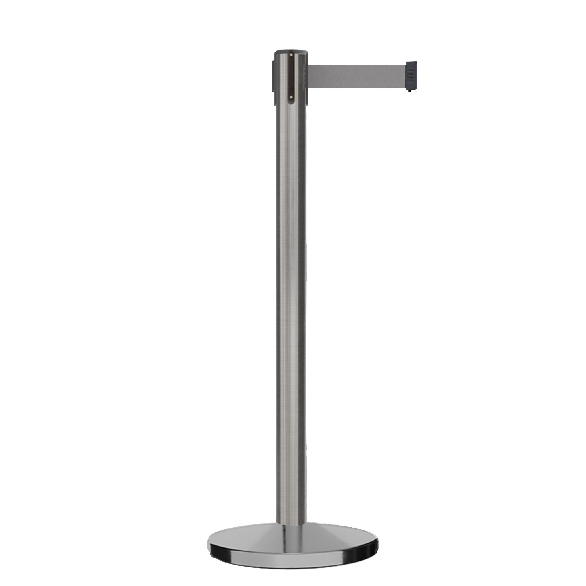 Retractable Belt Barrier Stanchion, Satin Stainless Steel, Cast Iron Base, 11 Ft. Belt - Montour Line MI630 - Crowd Control Warehouse