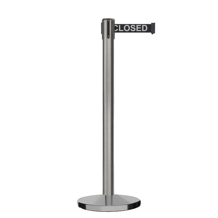 Retractable Belt Barrier Stanchion, Satin Stainless Steel, Cast Iron Base, 11 Ft. Belt - Montour Line MI630 - Crowd Control Warehouse