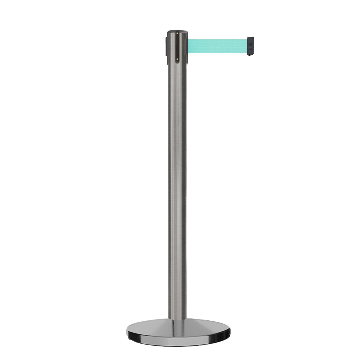 Retractable Belt Barrier Stanchion, Satin Stainless Steel, Cast Iron Base, 13 Ft. Belt - Montour Line MI630 - Crowd Control Warehouse