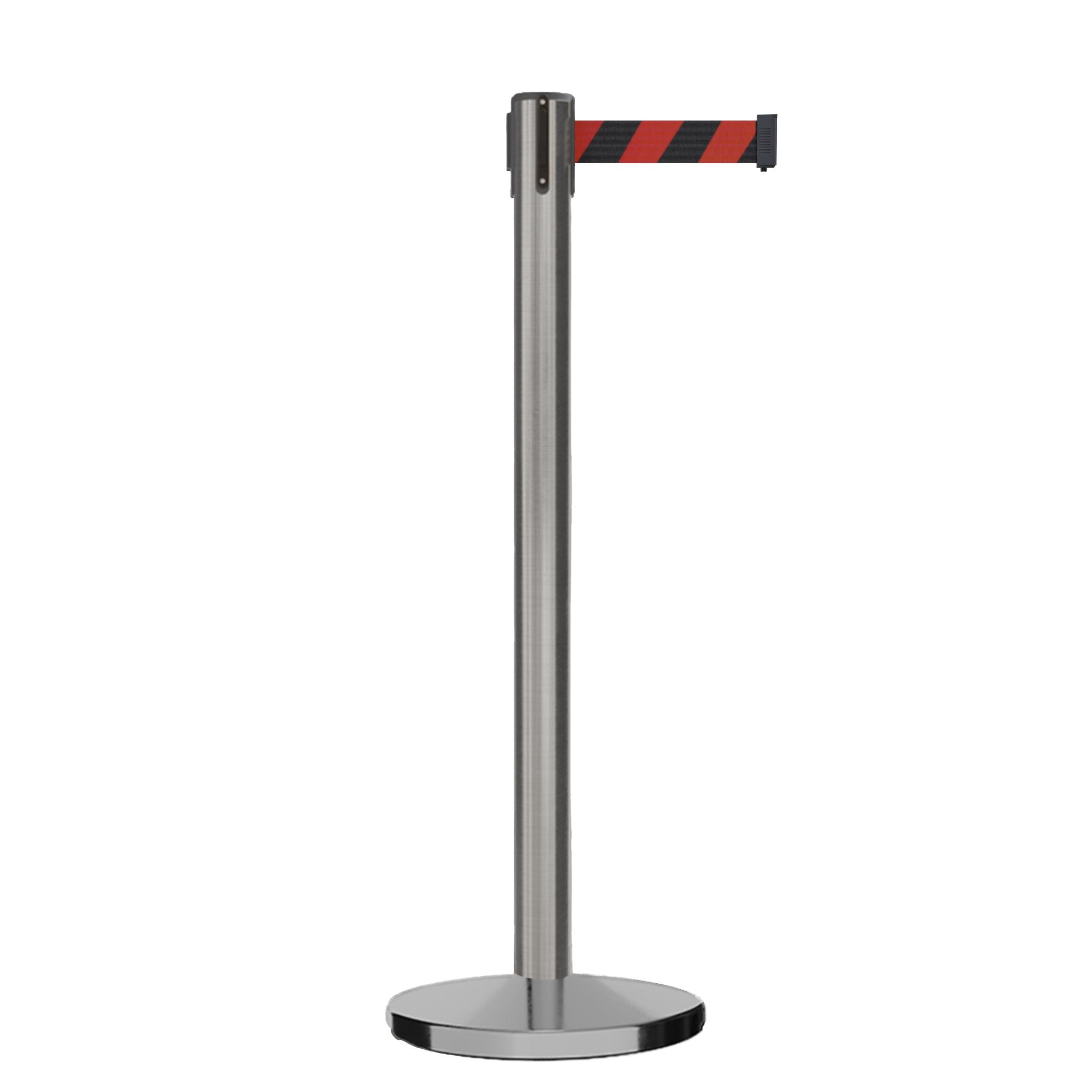 Retractable Belt Barrier Stanchion, Satin Stainless Steel, Cast Iron Base, 13 Ft. Belt - Montour Line MI630 - Crowd Control Warehouse