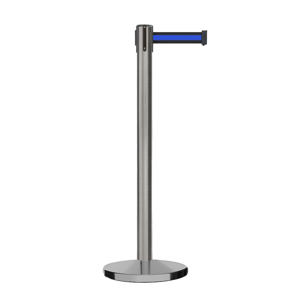 Retractable Belt Barrier Stanchion, Satin Stainless Steel, Cast Iron Base, 13 Ft. Belt - Montour Line MI630 - Crowd Control Warehouse