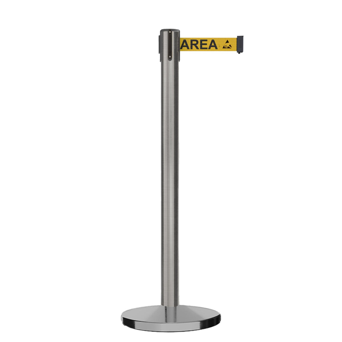 Retractable Belt Barrier Stanchion, Satin Stainless Steel, Cast Iron Base, 13 Ft. Belt - Montour Line MI630 - Crowd Control Warehouse
