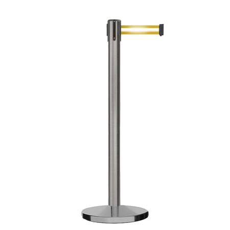 Retractable Belt Barrier Stanchion, Satin Stainless Steel, Cast Iron Base, 7.5 Ft. Belt - Montour Line MI630 - Crowd Control Warehouse