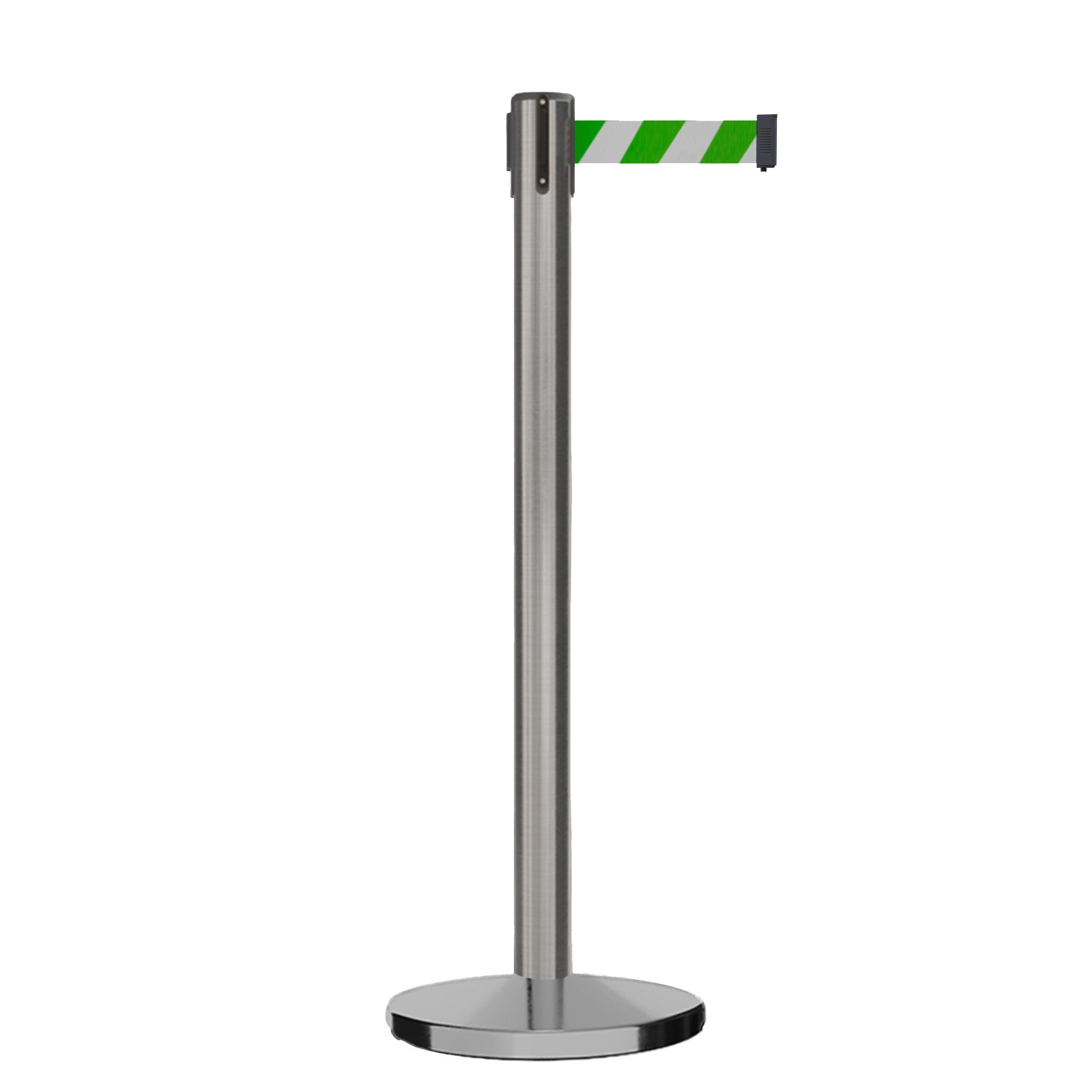 Retractable Belt Barrier Stanchion, Satin Stainless Steel, Cast Iron Base, 7.5 Ft. Belt - Montour Line MI630 - Crowd Control Warehouse