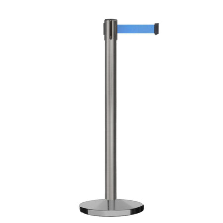 Retractable Belt Barrier Stanchion, Satin Stainless Steel, Cast Iron Base, 7.5 Ft. Belt - Montour Line MI630 - Crowd Control Warehouse
