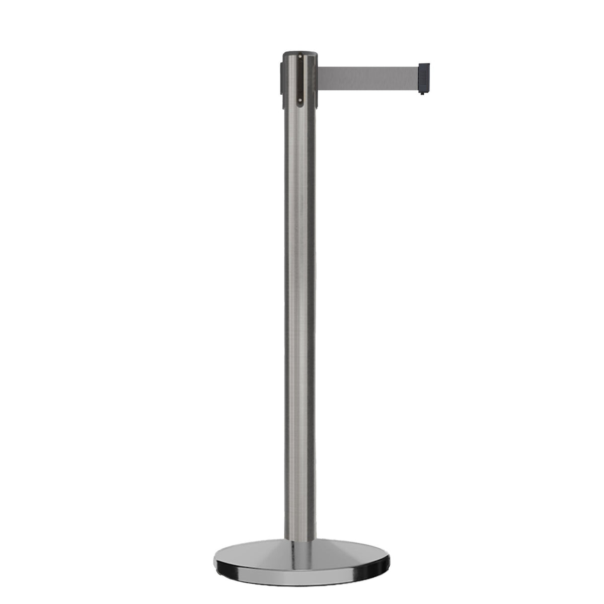 Retractable Belt Barrier Stanchion, Satin Stainless Steel, Cast Iron Base, 9 Ft. Belt - Montour Line MI630 - Crowd Control Warehouse