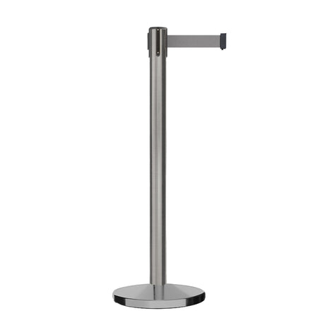 Retractable Belt Barrier Stanchion, Satin Stainless Steel, Cast Iron Base, 9 Ft. Belt - Montour Line MI630 - Crowd Control Warehouse