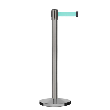 Retractable Belt Barrier Stanchion, Satin Stainless Steel, Cast Iron Base, 9 Ft. Belt - Montour Line MI630 - Crowd Control Warehouse