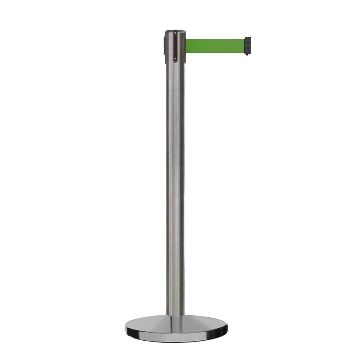Retractable Belt Barrier Stanchion, Satin Stainless Steel, Cast Iron Base, 9 Ft. Belt - Montour Line MI630 - Crowd Control Warehouse