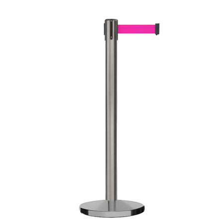Retractable Belt Barrier Stanchion, Satin Stainless Steel, Cast Iron Base, 9 Ft. Belt - Montour Line MI630 - Crowd Control Warehouse