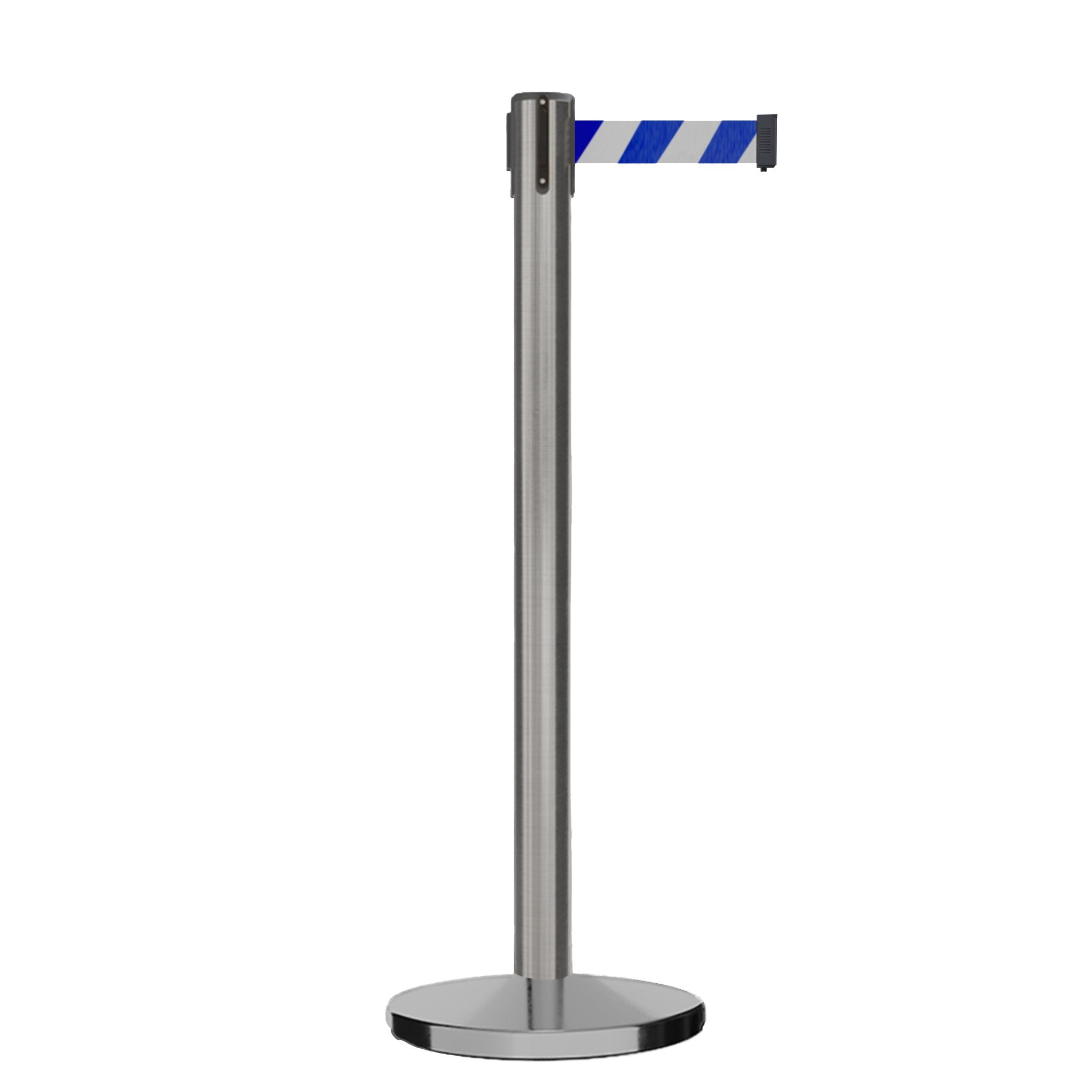 Retractable Belt Barrier Stanchion, Satin Stainless Steel, Cast Iron Base, 9 Ft. Belt - Montour Line MI630 - Crowd Control Warehouse