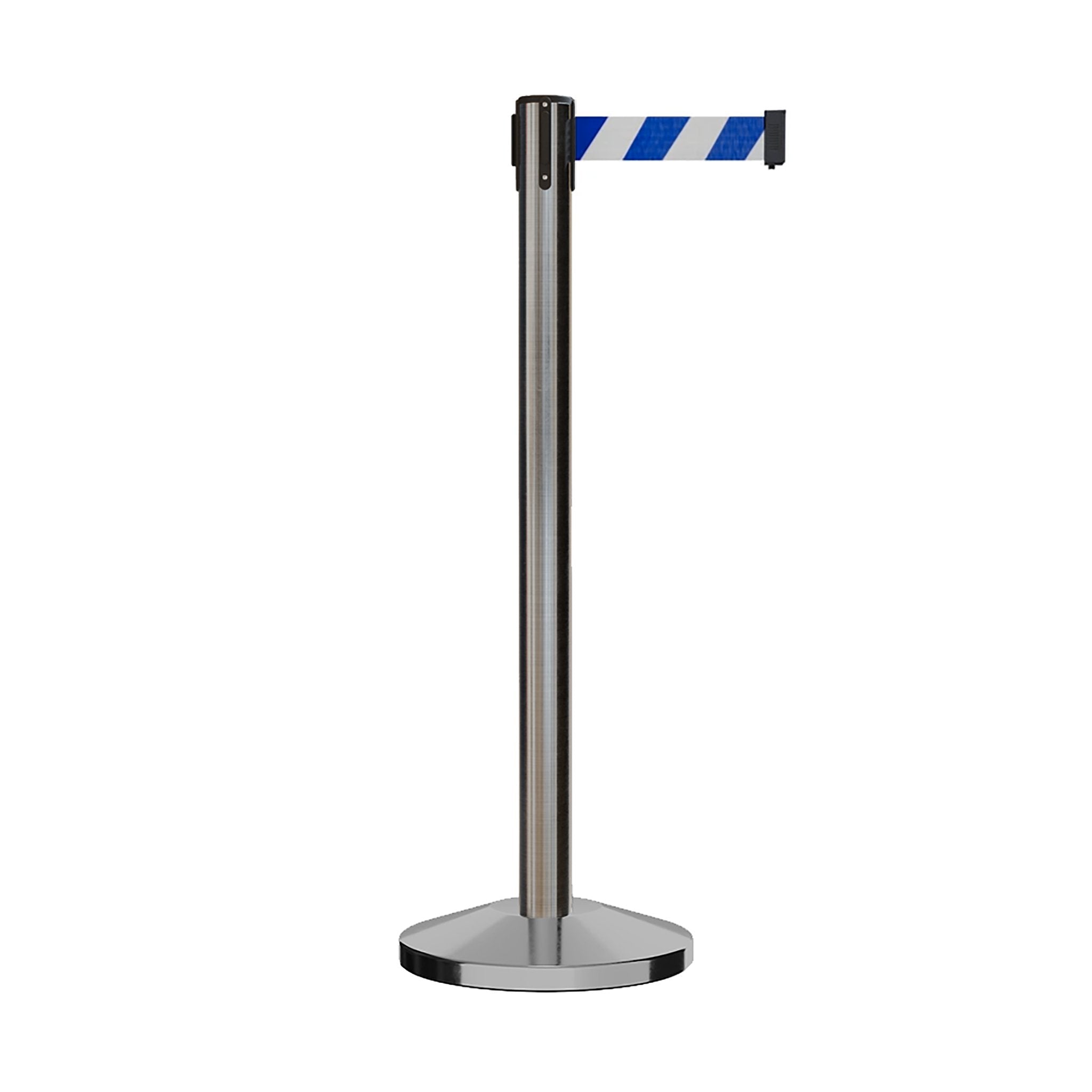 Retractable Belt Barrier Stanchion, Satin Stainless Steel Post, 11 Ft. Belt - CCW Series RBB - 100 - Crowd Control Warehouse