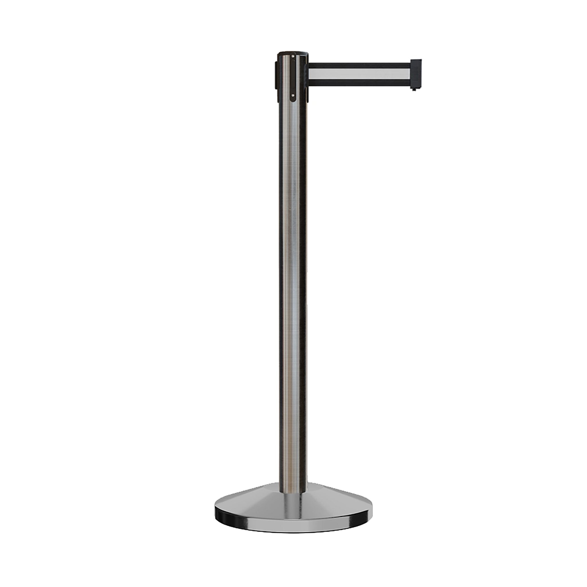 Retractable Belt Barrier Stanchion, Satin Stainless Steel Post, 11 Ft. Belt - CCW Series RBB - 100 - Crowd Control Warehouse
