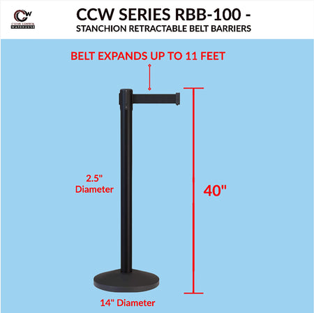 Retractable Belt Barrier Stanchion, Satin Stainless Steel Post, 11 Ft. Belt - CCW Series RBB - 100 - Crowd Control Warehouse