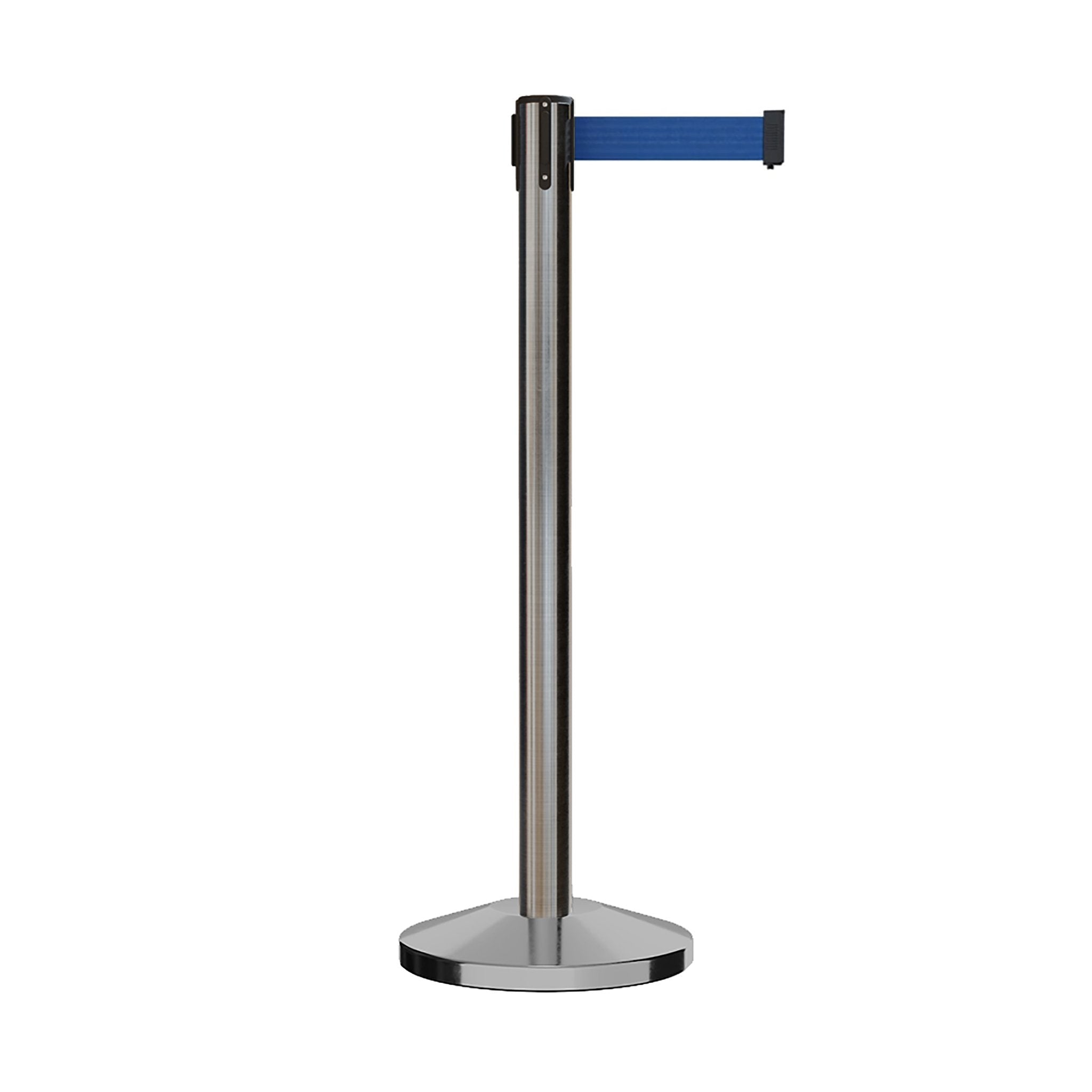 Retractable Belt Barrier Stanchion, Satin Stainless Steel Post, 11 Ft. Belt - CCW Series RBB - 100 - Crowd Control Warehouse