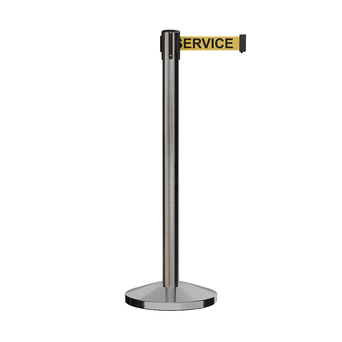 Retractable Belt Barrier Stanchion, Satin Stainless Steel Post, 7.5 Ft. Belt - Montour Line M630 - Crowd Control Warehouse
