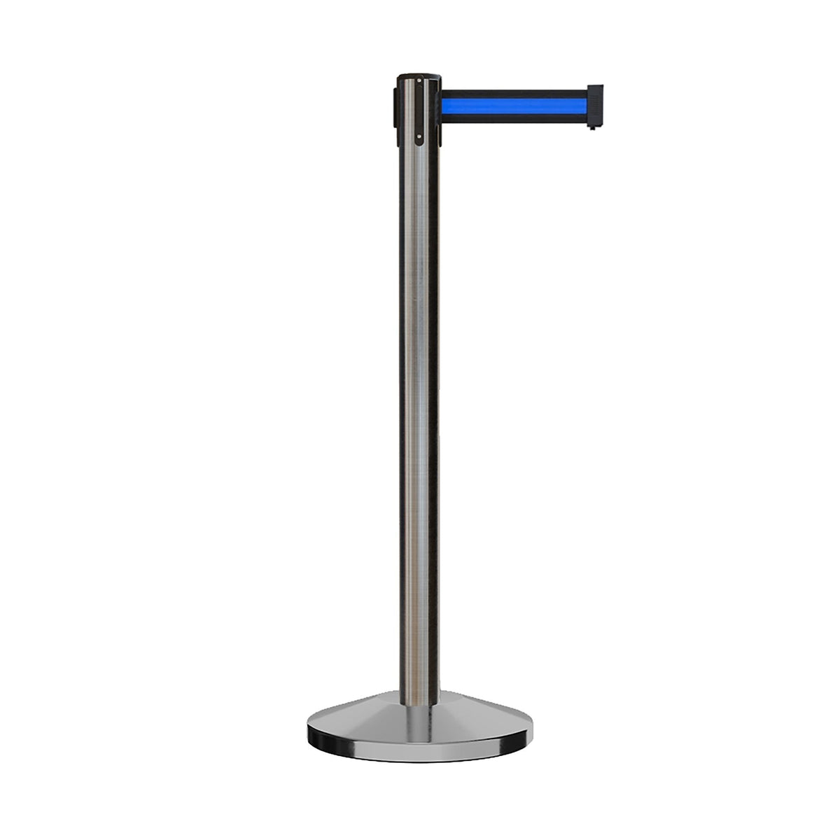 Retractable Belt Barrier Stanchion, Satin Stainless Steel Post, 7.5 Ft. Belt - Montour Line M630 - Crowd Control Warehouse