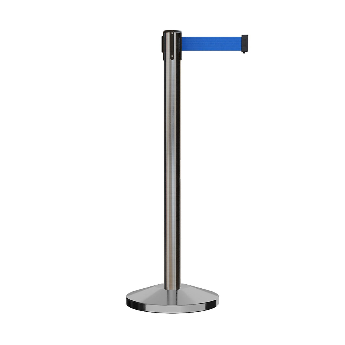 Retractable Belt Barrier Stanchion, Satin Stainless Steel Post, 7.5 Ft. Belt - Montour Line M630 - Crowd Control Warehouse