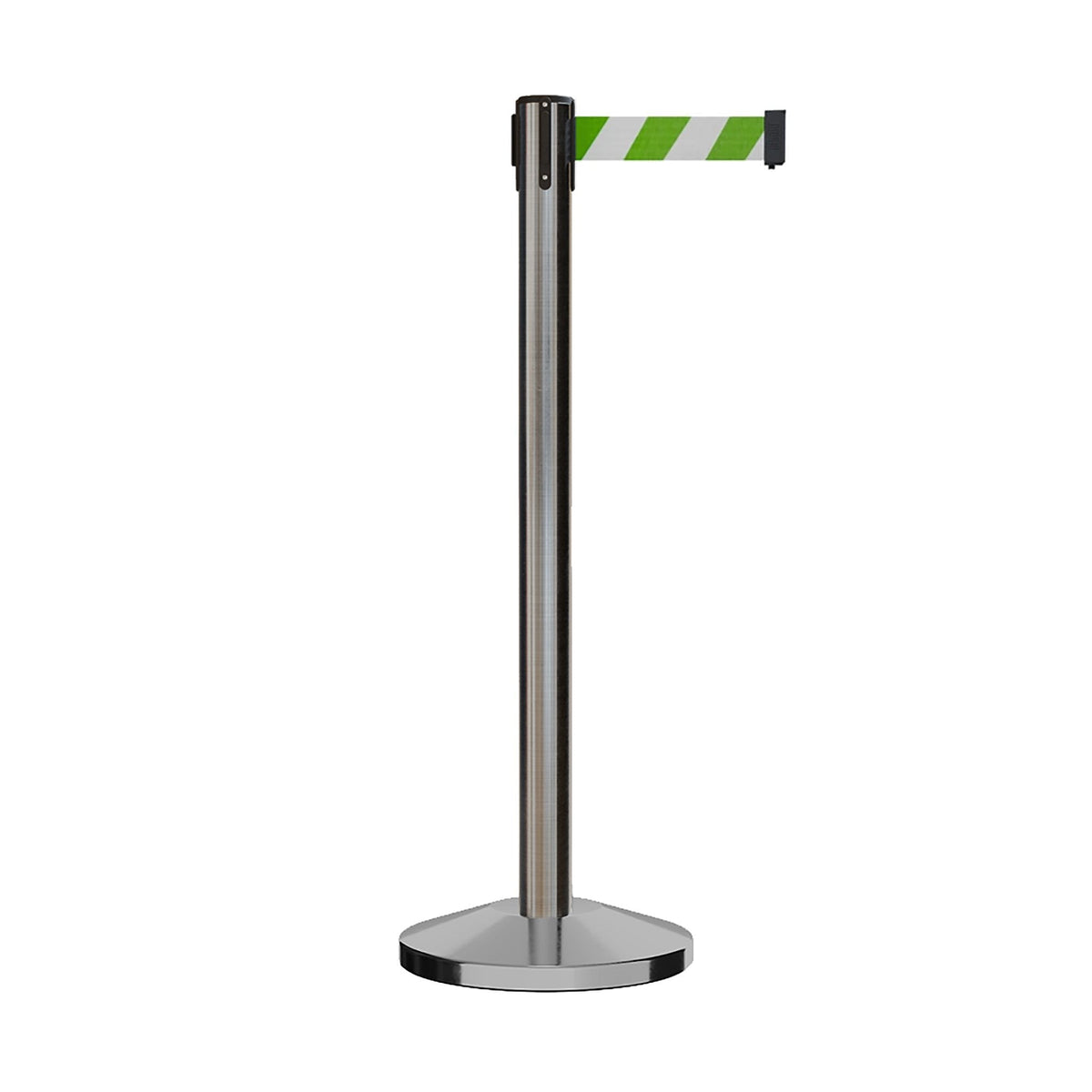 Retractable Belt Barrier Stanchion, Satin Stainless Steel Post, 7.5 Ft. Belt - Montour Line M630 - Crowd Control Warehouse