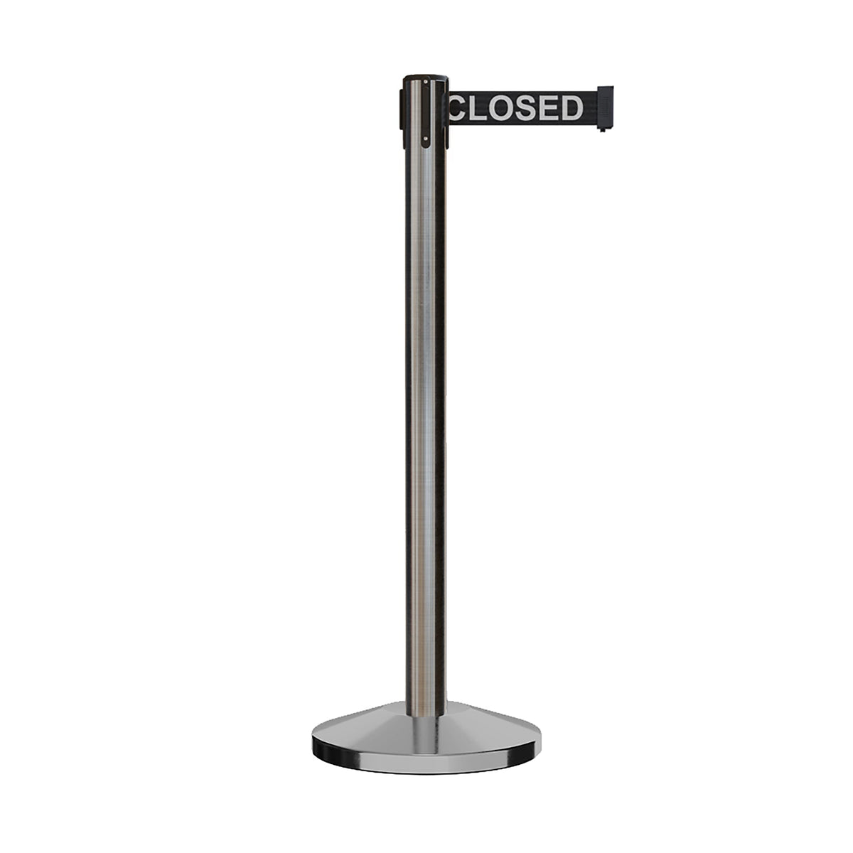 Retractable Belt Barrier Stanchion, Satin Stainless Steel Post, 9 Ft. Belt - CCW Series RBB - 100 - Crowd Control Warehouse