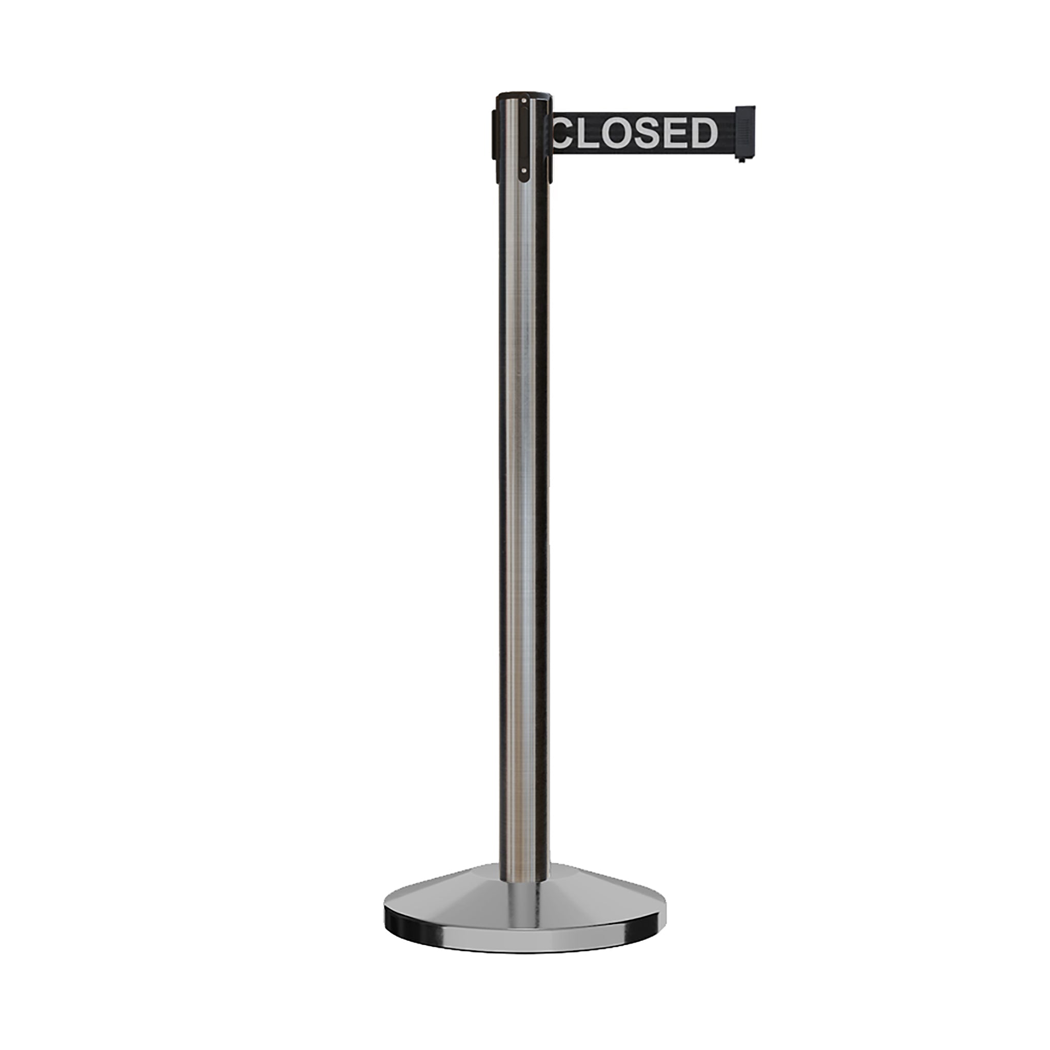 Retractable Belt Barrier Stanchion, Satin Stainless Steel Post, 9 Ft. Belt - CCW Series RBB - 100 - Crowd Control Warehouse