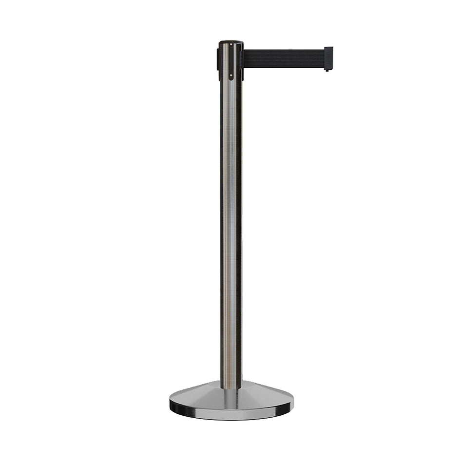 Retractable Belt Barrier Stanchion, Satin Stainless Steel Post, 9 Ft. Belt - CCW Series RBB - 100 - Crowd Control Warehouse